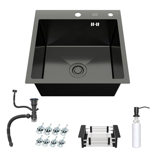ANW HOME Fregadero encastrable graphite PVD 50x50 cm superficie Nano profundidad 22 cm cubeta 450 x 400 mm borde 3 mm acero inoxidable 1 mm con sifón y dispensador