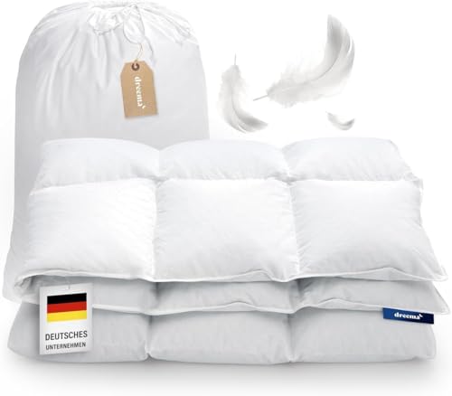 DREEMA Original leichte Feder- und Daunendecke 200x220 | Extra flauschig anschmiegsam & voluminös | in Deutschland gefertigt | Downpass Zertifiziert | Allergiker geeignet | Baumwollbezug