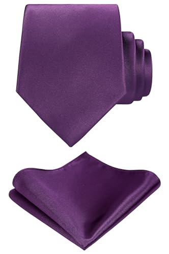 TIE G Solid Satin Color Formal Necktie and Pocket Square Sets in Gift Box (Plum)