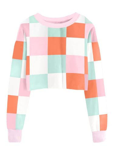 Girls Crop Sweatshirts Casual Tops Kids Long Sleeve Plaid Pullover Cute Fall Winter Fashion Shirts For Teen Girl