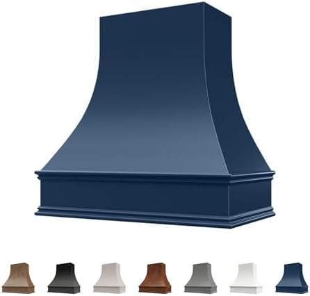 Riley & Higgs Navy Blue Wood Kitchen Range Hood Cover, Curved Front Wall Mount Vent Hood, Classic Trim, Plywood with Maple, 37.5” W x 36” H