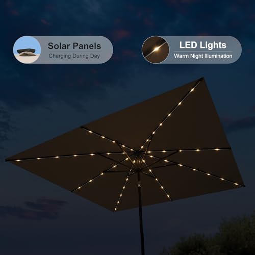 PURPLE LEAF 8' x 8' Square Patio Umbrella with Solar LED Outdoor Table Umbrella Aluminum Frame Market Umbrella with 8 Sturdy Ribs & Tilt for Garden Deck Lawn Pool Taupe — view 4