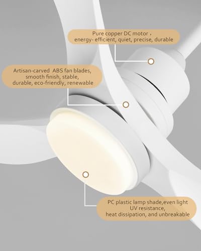 Image of 52 Inch Ceiling Fans with Lights Remote, White Ceiling Fans 3-Color Light, Timer, ETL Listed, 3 Downrods, 3 Blades, 6 Speed Modern Fan Quiet Reversible DC Motor for Patio Outdoor,52in,White
