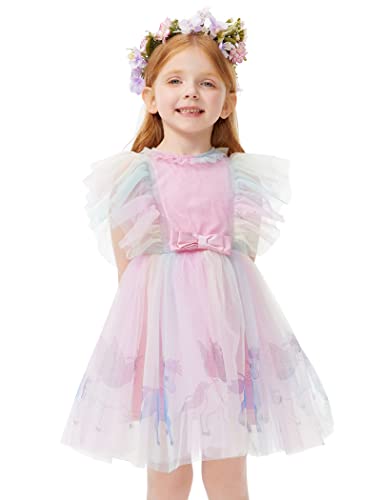 Girls Dresses Rainbow Sleeveless Tutu Dress Pink Fairtyle Unicorn Pattern Cute Party Dress
