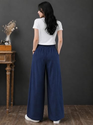 Image of LIRIT Womens Solid Color Wide Leg Trouser Pant with Drawstring Elastic Waist, Relaxed Fit, Full Length, Casual Lounge Palazzo Bottom