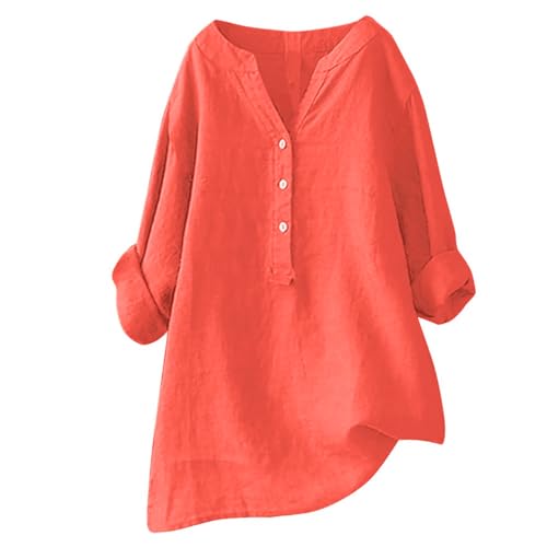Blusa de manga larga para mujer, de verano, aspecto de lino, cuello en V, cuello alto, camisa con botones, bolsillo en el pecho, informal, túnica suelta, monocolor, asimétrica, elegante, ropa de ocio