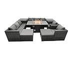 FMSGarden Rattan Garden Furniture Firepit Dining Set 10 Seater Lounge Sofa Table Set with 2 side table 2 big Footstool