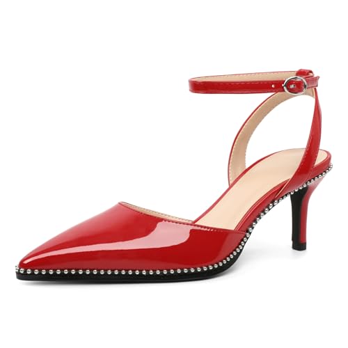 Image of SAMMITOP Kitten Heels for Women Low Heel Closed Toe Ankle Strap Pumps Wedding Party Beaded Dress Shoes 2.4 Inch