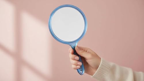 Image of Transparent Hand Mirror 1X /5X Magnification - 5‑inch Round Acrylic Mirror with Handle & Hanging Hole - Lightweight Portable Makeup & Grooming Tool (Blue Small)