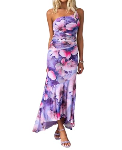Vestido largo de corsé con un hombro descubierto y estampado floral para mujer, Púrpura, XL