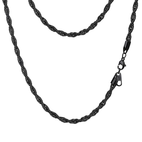 PROSTEEL 3mm/6mm Rope Chain Necklace for Men, Black/Gold Plated Mens Chain Necklace, Stainless Steel Necklace Chain for Men Women, 18"-30", Come with Box