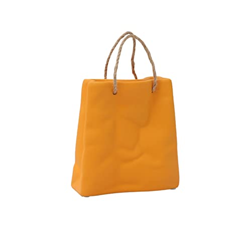 Jarrón de cerámica amarilla para flores en forma de bolso, jarrón de cerámica, jarrón de arte moderno, jarrón único decorativo para arreglos florales, centro de mesa, decoración del hogar