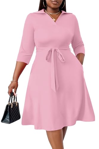 Image of FANDEE Plus Size Midi Dress for Women - Printing Summer Dresses for Wedding Guest Cocktail Party 3 /4 Sleeve V Neck（L-5XL）