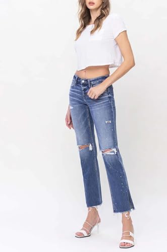 Flying Monkey - Low Rise Distressed Straight Jeans with Paint Speckle Detail/Split Hem - F52184