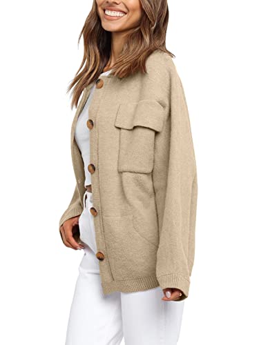 Woneta Women Long Sleeve Chunky Knitted Button Up Collared Cardigan Sweater With Pocket Cozy Warm Fall Sweater Coats Khaki Casual Yff-03-W469-Kaqi-M #TOP3