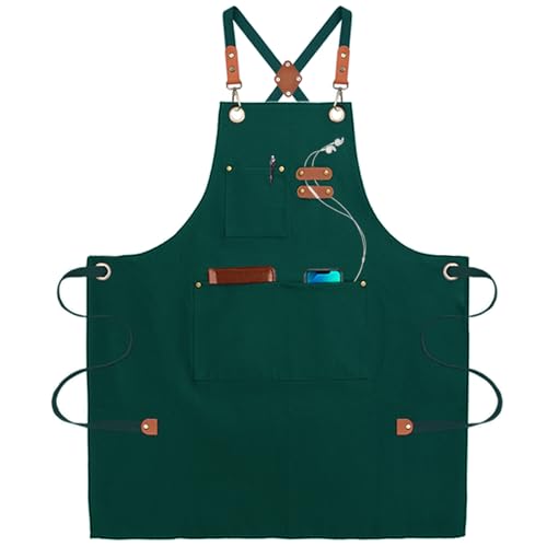 umboom Grembiuli da Tela, Verde Chef Cucina Grembiule per Uomo Donna con Cinturino Regolabile e 3 Tasche per Camerieri Lavoro Giardino Ristorante Bar Pittura, Incrocio Posteriore