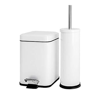 Harbour Housewares 3L Bathroom Bin & Brush Set - White - 2pc Mismatched Stainless Steel Square Pedal Bin & Round Toilet Brush Set Slim Small Trashcan for Kitchen Waste, Bathroom Rubbish