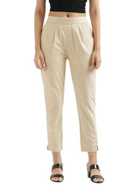 Image of D K W Women's Mid Rise Relaxed Fit Cotton Flex Trousers with Elastic Back & Drawstring - Ideal for Winter, Formal, Office & Casual Wear, Comfortable for Girls and Women