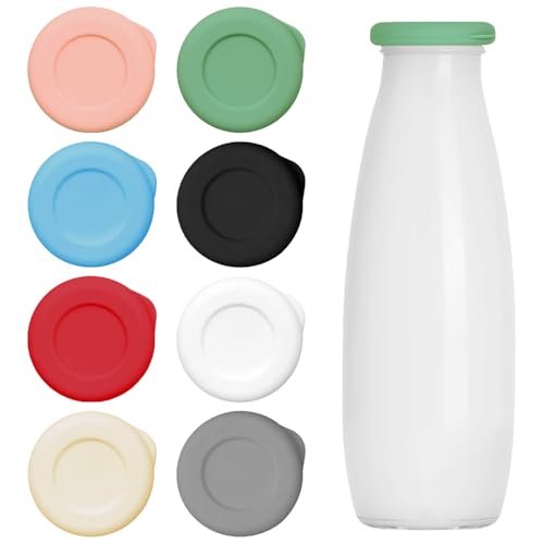 TRKETK 8 Pcs Milk Bottle Tops, Reusable Silicone Mixed Without Bottle Leakproof Glass Milks Bottles Caps Food-Grade Silicone Covers Perfect Fit for UK One Pint Milk Glass Bottles (Multicolor)