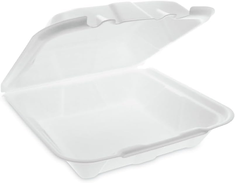 Pactiv Evergreen Vented Foam Hinged Lid Container, Dual Tab Lock Economy, 9.13 x 9 x 3.25, White, 150/Carton