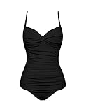 GRAPENT Women's Racing Ruched Two-Piece Tankini Set Solid Color Bathing Suit Swimsuit Sports Swimwear Black Size L