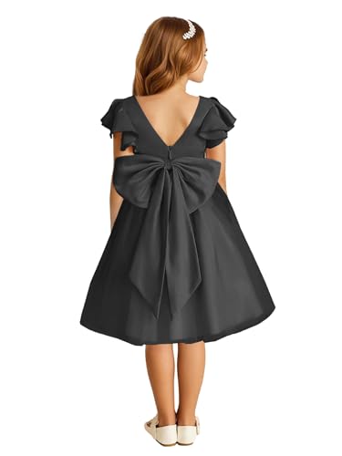 Girls Ruffled Sleeve Flower Girl Dress with Bow Knot Square Neck Satin Tulle Birthday A Line Dress