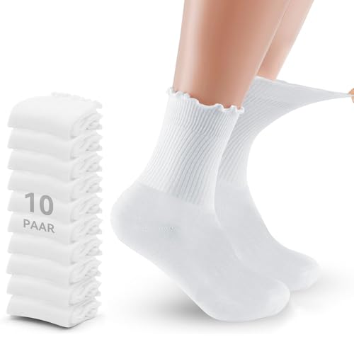 YIYIZI 10 Paar Rüschen Socken Damen Weiße Baumwolle Bequem für Frauen