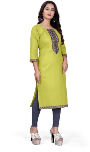 Image of Women A-line Cotton Blend Round Neck 3 /4 Sleeve Embroidered Kurti Only