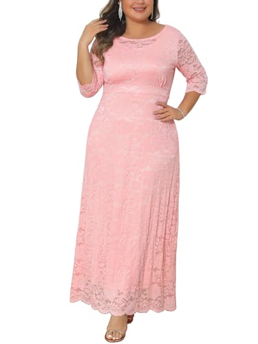 Image of Agnes Orinda Plus Size Floral Lace Dress for Women Scooped Neckline 3/4 Sleeves Formal Evening Wedding Cocktail Maxi Dresses 1X Pink