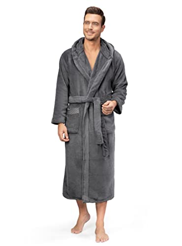 David Archy Men's Hooded Warm Robe Soft Coral Fleece Sleep Lounge Long Full Breathable Super Comfy Plush Bathrobe (Xl, Dark Gray - New Hooded Style) #TOP8