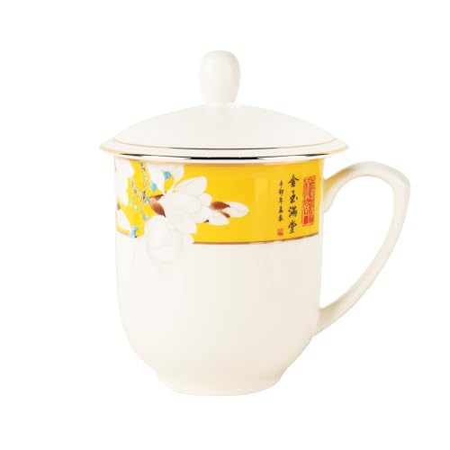 SILINE Fine Bone China Tea Cup with Lid 12 Oz,Jingdezhen White Porcelain Mug for Office Home (Yellow and White)
