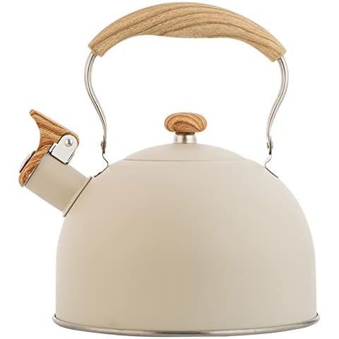 Kawlity Whistling Tea Kettle Tea Pots 2.5L, Stainless Steel Kettle with Wood Pattern Folding Handle, Whistle Kettle for Tea Coffee (Beige) Cover