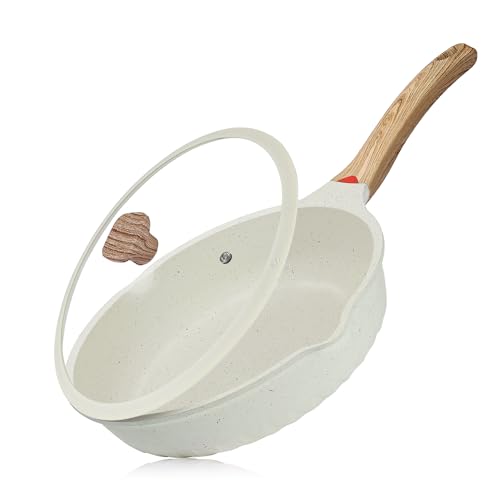 Vinchef Nonstick Deep Frying Pan with Lid, 10'/3Qt Fry Pan, German 3C+ Ceramic Coating Technology, Heat Indicator, Induction Compatible, White Color,. Cookware for Home