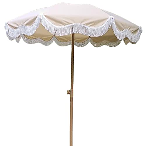 Parasol jardín 2m caki con borlas sombrilla playa protección UV inclinable
