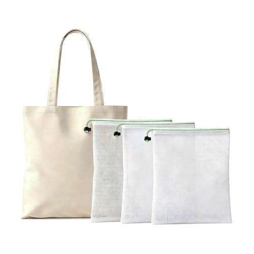 Image of SOOANN 2 IN 1 BUNDLE SET: Cotton Canvas Tote Bag & 3 Reusable Mesh Produce Bags, Eco Grocery Shopping Kit for Fruit Vegetables