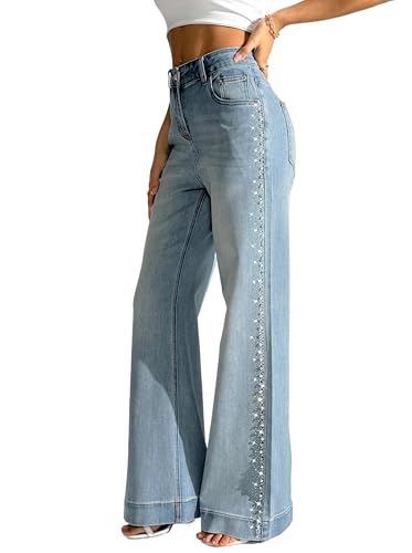 heipeiwa Women's Pearl Rhinestone Jeans Wide Leg Baggy Denim Pants High Waist Sparkle Shiny Sequin Trouser Light Blue