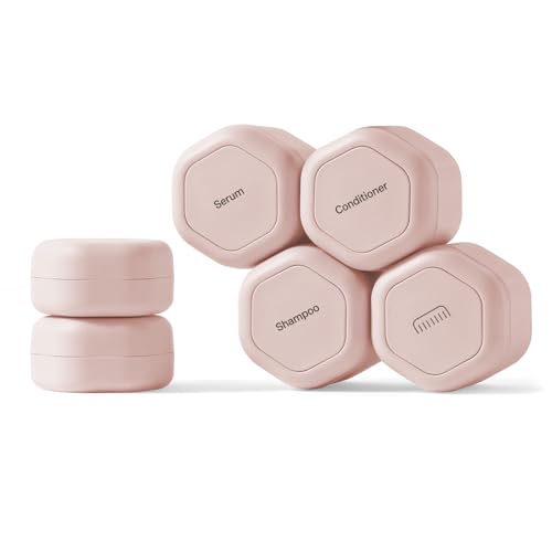 Cadence Travel Containers - 6 Piece Haircare Set - Magnetic Travel Capsules - 2 Small & 4 Medium Capsules - Shampoo, Conditioner, Leave-In Conditioner, Comb, Hair Serum, Hair Gel Labels - Petal