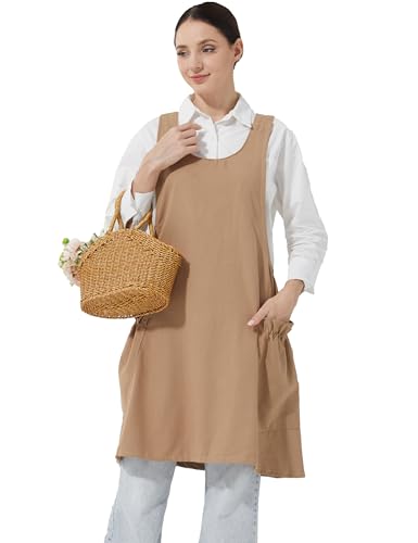 Image of Cozy Adjustable Cross Back Aprons for Women with Pockets Cotton Linen Cooking Kitchen Baking