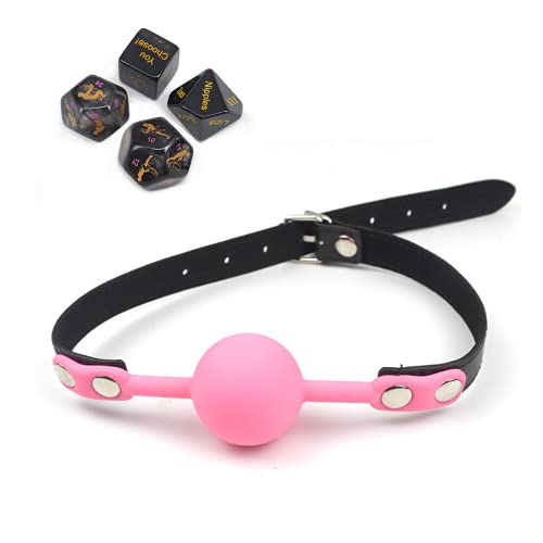 Juguete de Bola de Boca de Silicona con Cuello de Cuero Ajustable con 4 Dados (Rosa) Cover