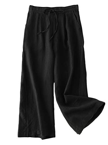 Mordenmiss Women's Linen Drawstring Pants Wide Leg Elastic Waist Cropped Pants Trousers (XXL, Black)