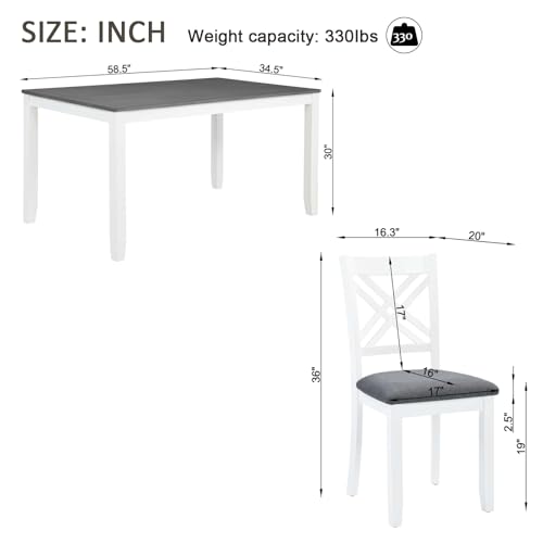 Image of Harper & Bright Designs 58.5 inch Lx34.5 W Solid Wood 7-Piece Dining Table Set for 6, Grey White Two-Tone Kitchen Dining Room Set with 6 Upholstered Chairs, Rubber Wood Frame, 330LBS Capacity