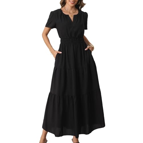 GXXTV Womens Summer Short Sleeve Maxi Dress Casual with Pockets Midi Dresses Elastic Waist(XL Z3918BK)