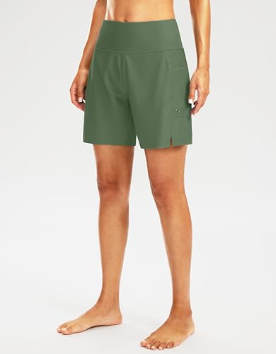 Image of G Gradual Women's 7 inch Long Swim Board Shorts High Waisted Quick Dry Beach Swimming Shorts for Women with Liner Pockets