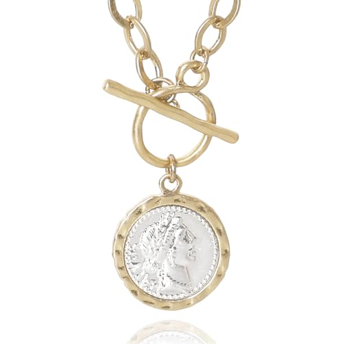 MISS SECRET Chunky Coin Necklace for Women Antique Gold and Silver Plated Roman Coin Chain Pendant Necklaces Toggle 18 Inch Chunky Link Jewelry Gift for Women