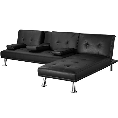Yaheetech Faux Leather Futon Sofa Bed Sectional Futon Couch Sleeper with Armrest Home Convertible Recliner Couch with Chaise Lounge Black