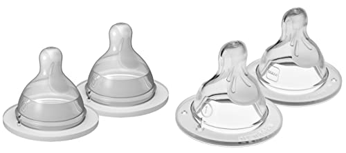 Image of MAM Bottle Nipples Extra Slow Flow Nipple Size 0 & Slow Flow Nipple Level 1 (Set of 4), for Newborn Babies and Older, SkinSoft Silicone Nipples for Baby Bottles, Fits All MAM Bottles