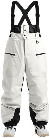 Women White Ski Snowboard Bib Pants with Suspenders, Waterproof Winter Snow Overalls