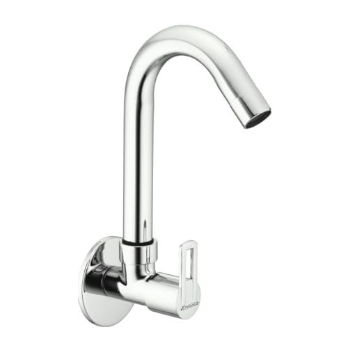 Image of Chrome Finish Silver Sink Cock | Wall Mounted Faucet for Kitchen & Utility Use - Sleek & Durable Design - OXIYA