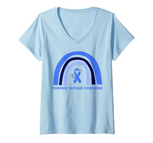 Damen ME/CFS Chronisches Müdigkeitssyndrom Floral Blue Ribbon Rainbow T-Shirt mit V-Ausschnitt
