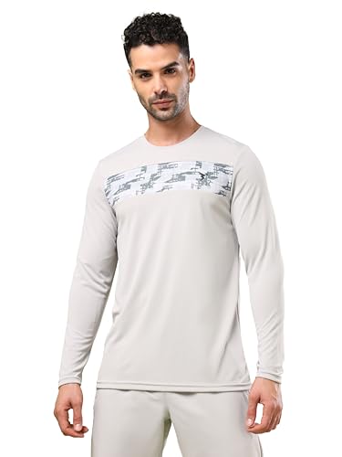 Image of TECHNOSPORT Men Polyester Self Design Chest Print Slim Fit Long Sleeve T-Shirt for Gym, Workout and Regular Use with SPF50+